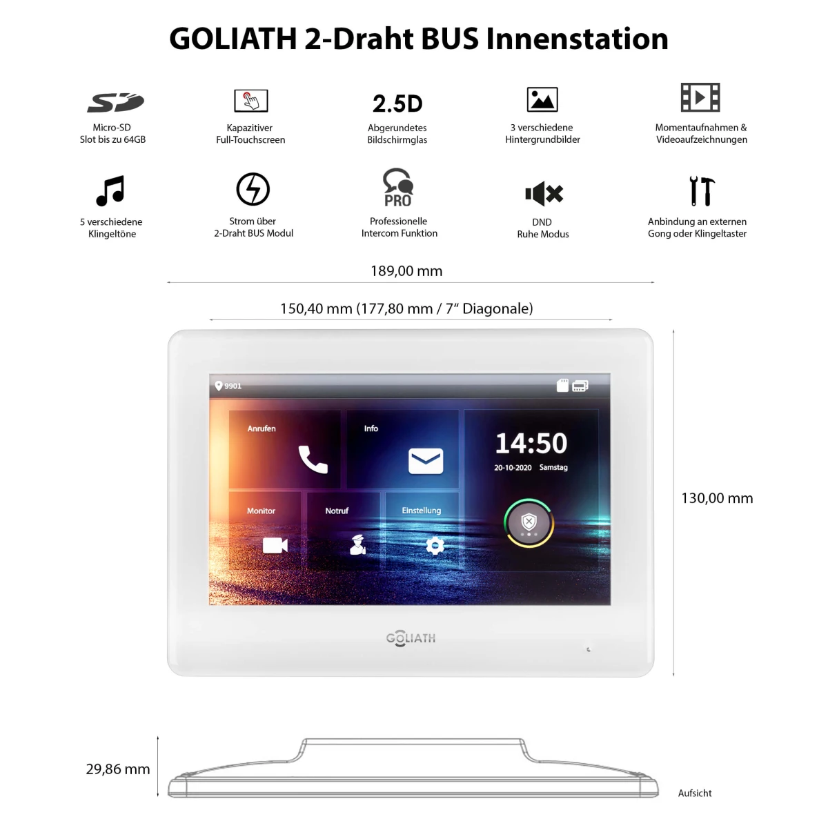 GOLIATH Hybrid 2-Draht BUS Türsprechanlage | App | Silber | 1 Familie | 7&quot; | Aufputz | 180°