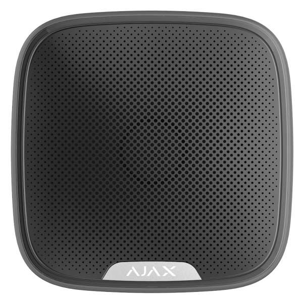 Ajax StreetSiren, Funk-Außensirene, schwarz. Lautstärke Einstellbar, 81-113 dB in 1m Entfernung. 4x CR123A Batterien oder 12VDC