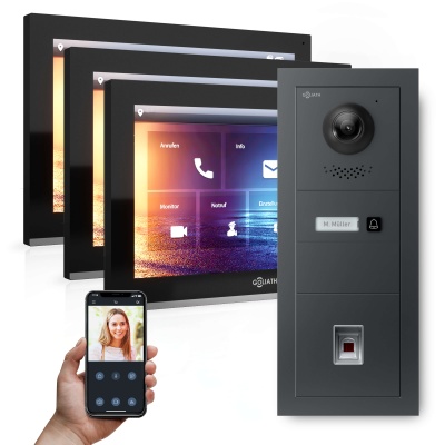 Hybrid IP Videotürsprechanlage | Anthrazit | 1-Fam | 3x 10&quot; HD | Fingerprint | 180° Winkel