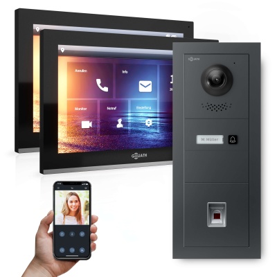 Hybrid IP Gegensprechanlage | Anthrazit | 1-Fam | 2x 10&quot; HD | Fingerprint | 180° Kamera