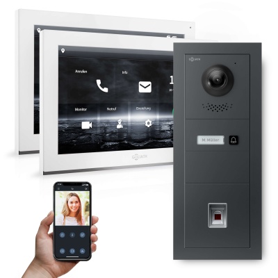 Hybrid IP Video-Türsprechanlage | Anthrazit | 1-Fam | 2x 10&quot; HD | Fingerprint | 180 Grad