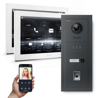 Hybrid IP Video-Türsprechanlage | Anthrazit | 1-Fam | 2x 10&quot; HD | Fingerprint | 180°