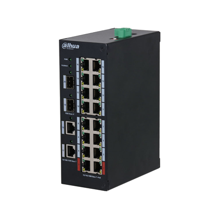 16-Port-Gigabit-Industrie-PoE-Switch I 2 × RJ-45 10/100/1000 Mbps uplink ports I 2 × SFP 1000 Mbps uplink ports 